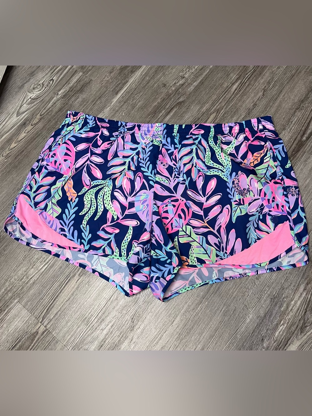 Lilly Pulitzer Luxletic Navy Floral Leaf Athletic Shorts - Pink & Mint